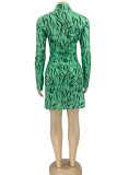 Green Casual Print Patchwork Buckle Turndown Collar Shirt Dress Dresses