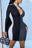 Black Red Fashion Casual Solid Patchwork Zipper Collar Long Sleeve Dresses