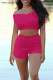 Rose Red Casual Solid Patchwork V Neck Short Sleeve Two Pieces
