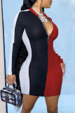 Black Red Fashion Casual Solid Patchwork Zipper Collar Long Sleeve Dresses
