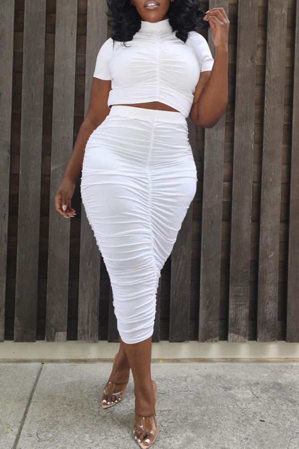 White Fashion Sexy Solid Fold Turtleneck Short Sleeve Two Pieces