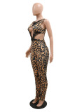 Leopard Print Fashion Sexy Print Leopard Hollowed Out Patchwork O Neck Skinny Jumpsuits