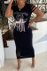 Black Fashion Casual Print Ripped O Neck One Step Skirt Dresses