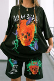 Black Fashion Casual Print Basic O Neck Short Sleeve Two Pieces