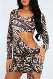 Coffee Fashion Sexy Print Hollowed Out Draw String Frenulum O Neck Long Sleeve Dresses