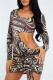 Coffee Fashion Sexy Print Hollowed Out Draw String Frenulum O Neck Long Sleeve Dresses