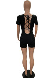 Black Fashion Casual Solid Bandage Backless U Neck Skinny Romper