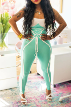 Light Green Sexy Solid Draw String Spaghetti Strap Skinny Jumpsuits