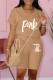 Khaki Fashion Casual Letter Print Basic V Neck Short Sleeve Two Pieces