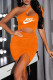 Orange Fashion Sexy Print Patchwork One Shoulder One Step Skirt Dresses