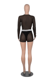 Blue Fashion Solid Mesh O Neck Long Sleeve Two Pieces