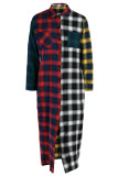Multi-color Plaid Print Patchwork Turndown Collar Shirt Dress Dresses