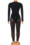 Black Sexy Solid Split Joint See-through Fold V Neck Long Sleeve Two Pieces