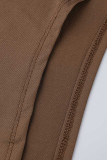 Coffee Sexy Solid Hollowed Out Patchwork Slit Asymmetrical Oblique Collar Long Sleeve Two Pieces
