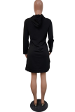 Black Casual Print Letter Hooded Collar Irregular Dress Dresses