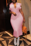 Pink Fashion Casual Solid Basic Turndown Collar Sleeveless Dress