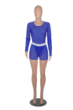Blue Fashion Solid Mesh O Neck Long Sleeve Two Pieces