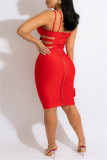 Red Fashion Sexy Solid Hollowed Out Patchwork Backless Spaghetti Strap Sleeveless Dress Dresses