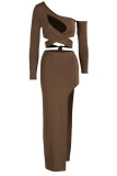 Coffee Sexy Solid Hollowed Out Patchwork Slit Asymmetrical Oblique Collar Long Sleeve Two Pieces