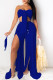 Blue Fashion Sexy Solid Patchwork Strapless Sleeveless Two Pieces