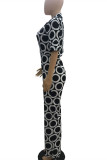 Black White Fashion Casual Print Basic V Neck Regular Jumpsuits (Without Belt)