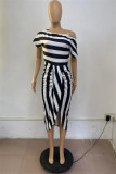 Green Fashion Casual Striped Print Asymmetrical Oblique Collar Short Sleeve Dress