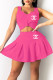 Rose Red Fashion Sweet Print Patchwork V Neck Sleeveless Two Pieces