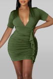 Color Blue Sexy Solid Patchwork V Neck Pencil Skirt Dresses