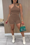 Coffee Sexy Casual Solid Backless Halter Sleeveless Two Pieces