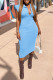 Light Blue Fashion Casual Solid Basic Turndown Collar Sleeveless Dress