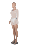 Blue Fashion Solid Mesh O Neck Long Sleeve Two Pieces