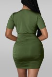 Color Blue Sexy Solid Patchwork V Neck Pencil Skirt Dresses