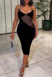 Black Fashion Sexy Solid Patchwork See-through Backless Spaghetti Strap Sleeveless Dress Dresses