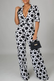 Black White Fashion Casual Print Basic V Neck Regular Jumpsuits (Without Belt)