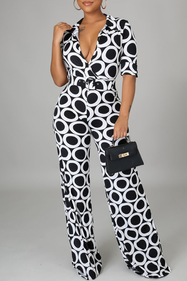 Black White Fashion Casual Print Basic V Neck Regular Jumpsuits (Without Belt)