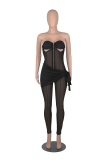 Blue Sexy Solid Mesh Strapless Skinny Jumpsuits