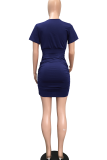 Color Blue Sexy Solid Patchwork V Neck Pencil Skirt Dresses