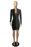 Black Red Fashion Casual Solid Patchwork Zipper Collar Long Sleeve Dresses