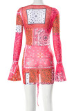 Orange Sexy Print Patchwork Fold V Neck Pencil Skirt Dresses