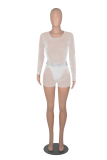 Blue Fashion Solid Mesh O Neck Long Sleeve Two Pieces