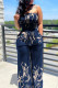 Blue Sexy Casual Print Backless Strapless Regular Jumpsuits