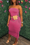 Rose Red Sexy Solid Tassel Patchwork Strapless Pencil Skirt Dresses