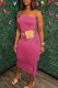 Rose Red Sexy Solid Tassel Patchwork Strapless Pencil Skirt Dresses