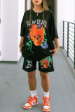 Black Fashion Casual Print Basic O Neck Short Sleeve Two Pieces