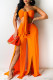 Orange Fashion Sexy Solid Patchwork Strapless Sleeveless Two Pieces