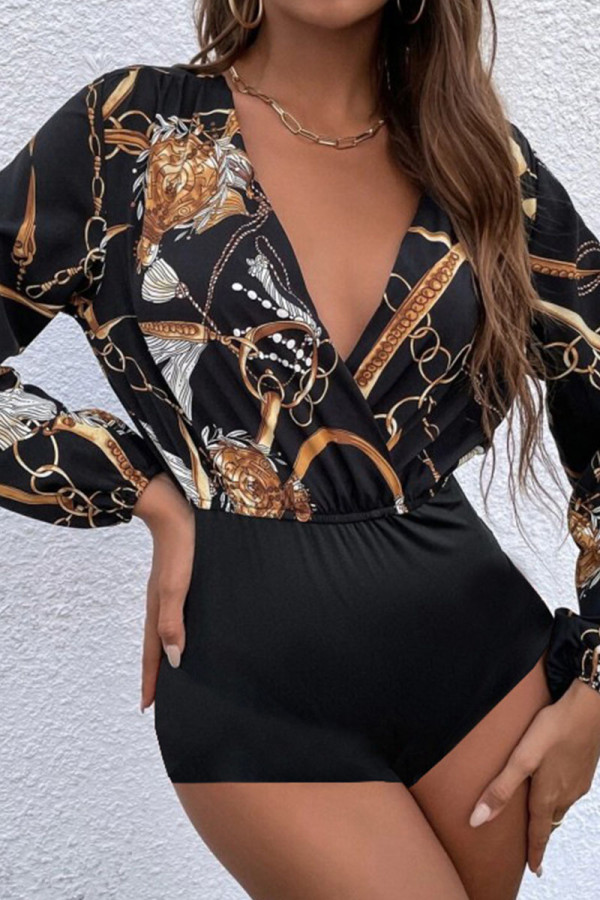 Black Sexy Print Patchwork V Neck Regular Rompers