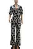 Black White Fashion Casual Print Basic V Neck Regular Jumpsuits (Without Belt)