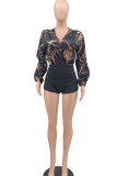 Black Sexy Print Patchwork V Neck Regular Rompers