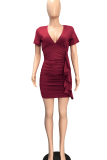 Color Blue Sexy Solid Patchwork V Neck Pencil Skirt Dresses