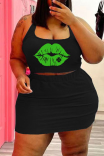 Black Sexy Casual Lips Printed Backless U Neck Plus Size Two Pieces